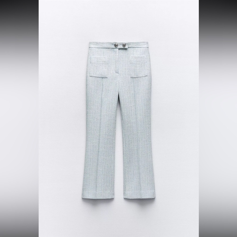 Zara Structured Flare Pants- Blue Silver Metallic Tweed Textured Trousers